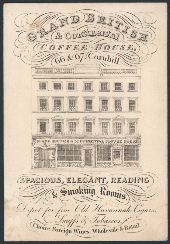 Grand British and Continental Coffee House, 66 og 67 Cornhill, handelskort av English School