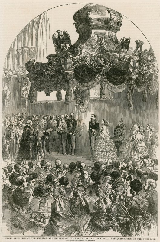 Stor mottakelse av franskmennenes keiser og keiserinne av Lord Mayor and Corporation i Guildhall, London av English School