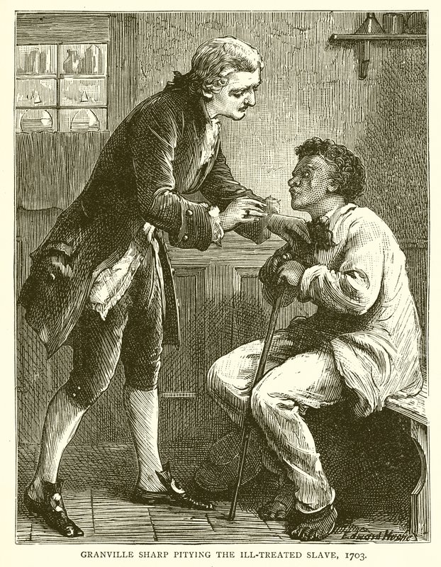 Granville Sharp medlidende med den dårlig behandlede slaven, 1703 av English School