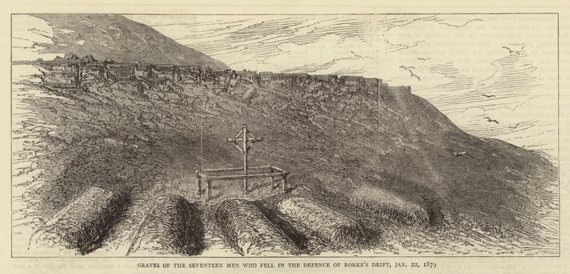 Gravene til de sytten menn som falt i forsvaret av Rorke's Drift, 22. januar 1879 (gravering) av English School