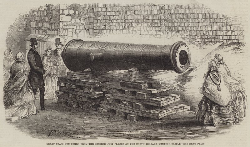 Great Brass Gun hentet fra kineserne, nettopp plassert på North Terrace, Windsor Castle (gravering) av English School