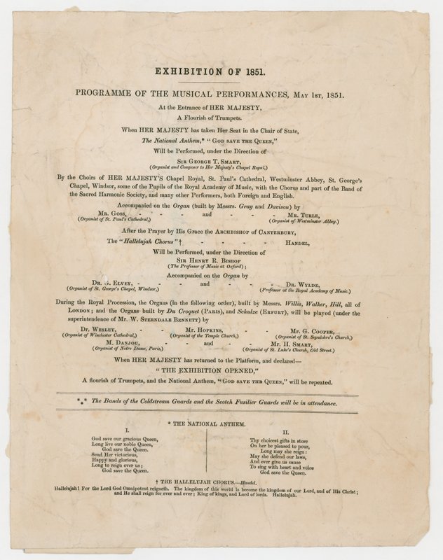 Stor utstilling fra 1851. Program for musikalske forestillinger, 1. mai 1851 av English School