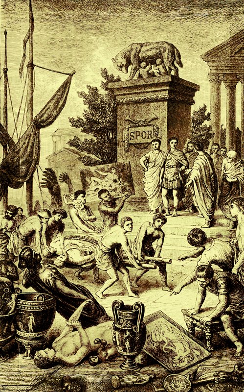 Gresk kultur - statuer og kunstverk fraktet til Roma, illustrasjon fra The Illustrated History of the World, publisert ca. 1880 (digitalt forbedret bilde) av English School