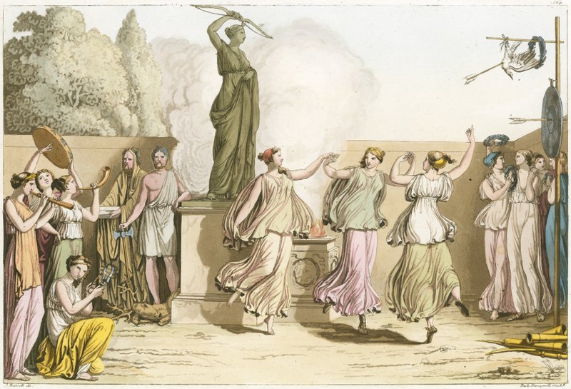 Greske kvinner danser rundt statuen av Diana av English School