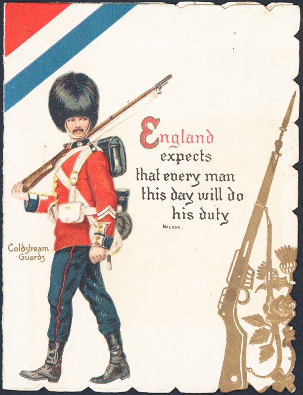Gratulasjonskort med en soldat fra Coldstream Guards av English School