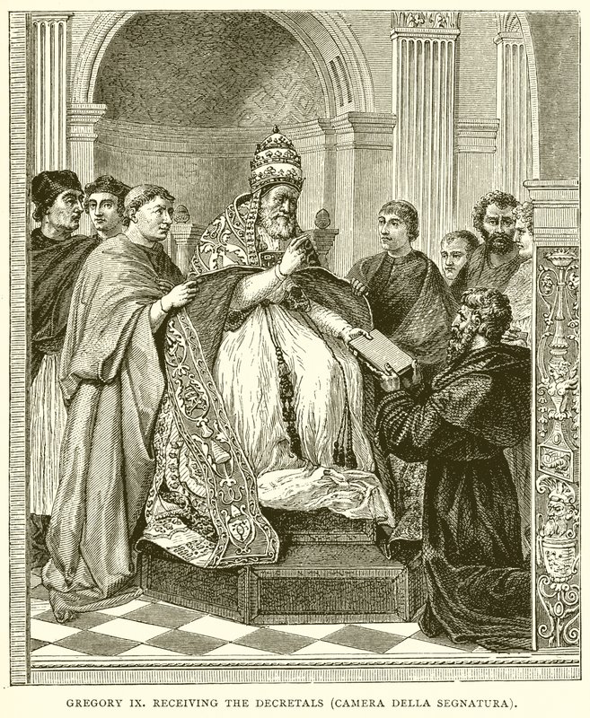 Gregory IX mottar dekretene (Camera Della Segnatura) av English School