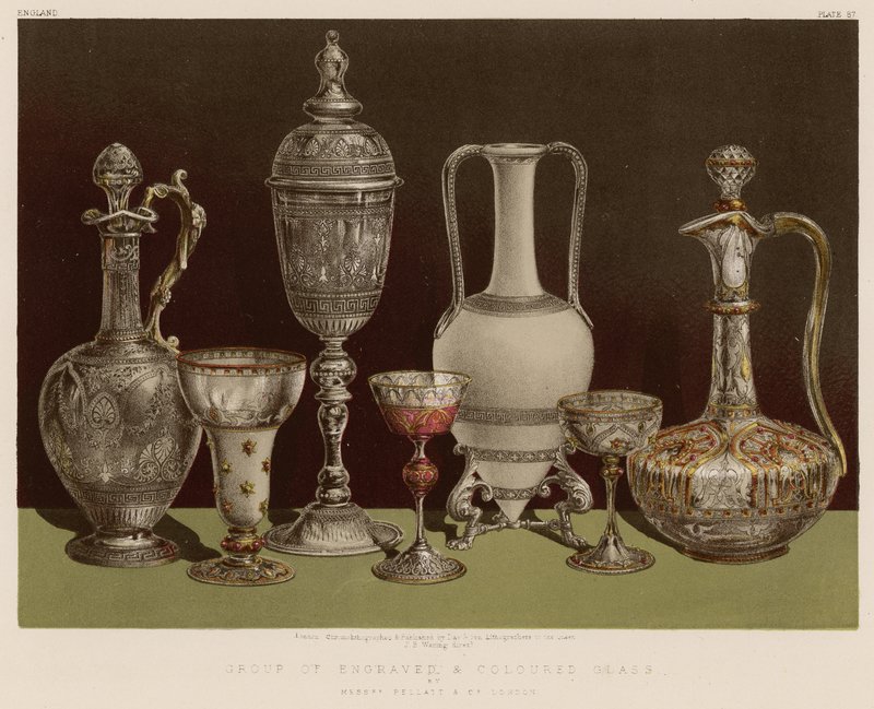 Gruppe av gravert og farget glass av Mrs Pellatt og Co, London av English School