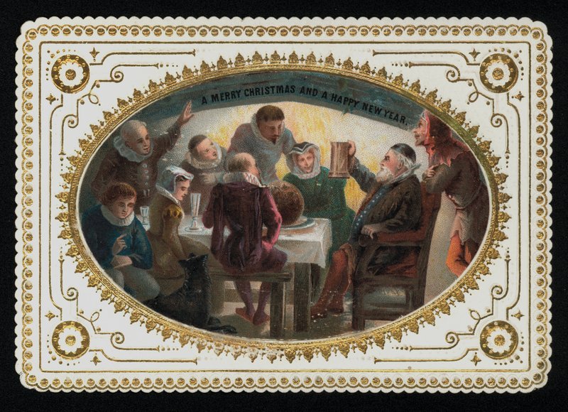 Gruppe menn og kvinner fra 1500-tallet som skåler for høytiden, julehilsenskort (chromolitho) av English School