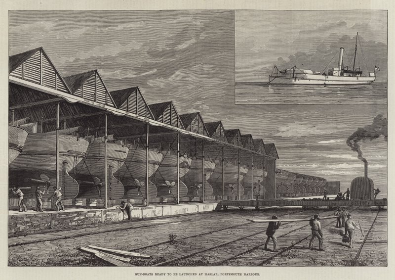 Gun-Boats klare til å bli lansert ved Haslar, Portsmouth Harbour (gravering) av English School