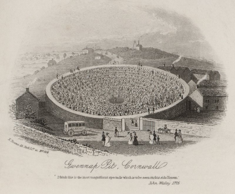 Gwennap Pit, Cornwall, der John Wesley forkynte ved en rekke anledninger mellom 1762 og 1789 (gravering) av English School