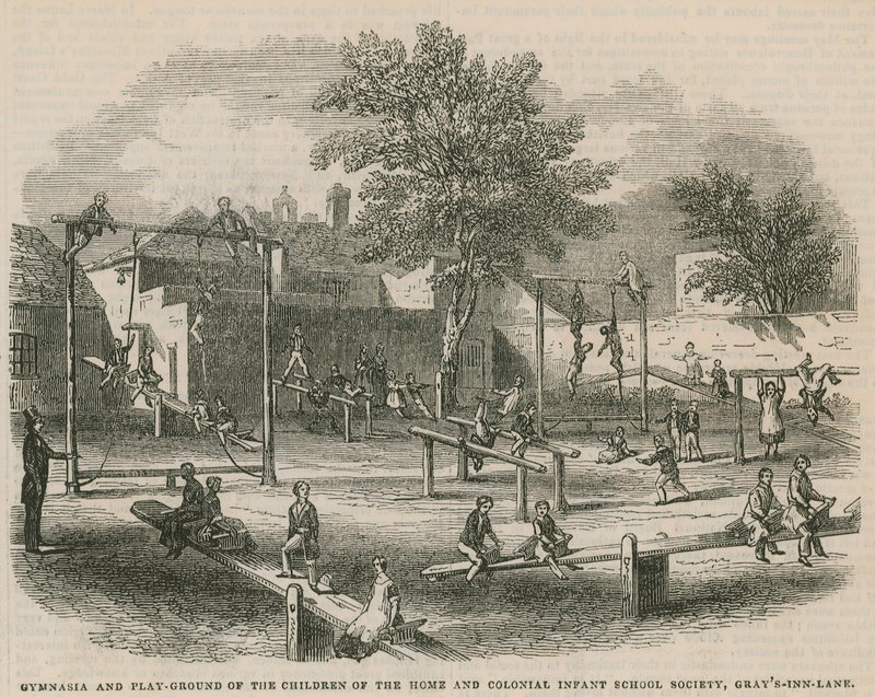 Gymnasia og lekeplass for barna i Home and Colonial Infant School Society av English School