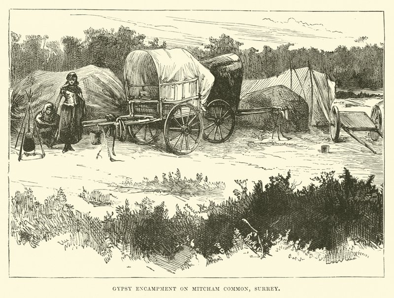 Sigøynerleir på Mitcham Common, Surrey av English School