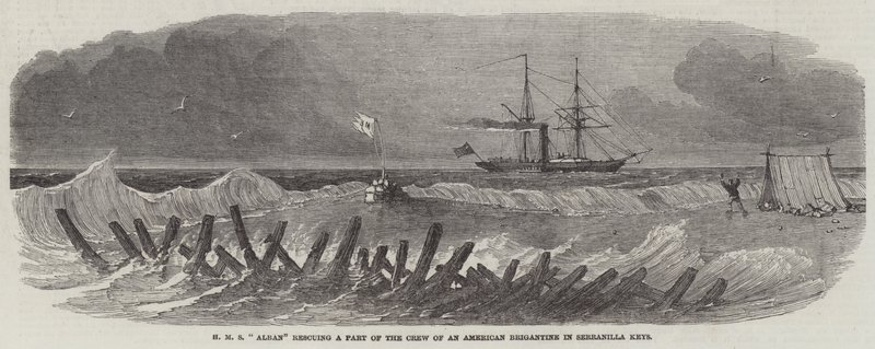 HMS "Alban" redder en del av mannskapet til en amerikansk brigantine i Serranilla Keys (gravering) av English School