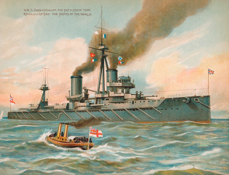 HMS Dreadnought, britisk slagskip som revolusjonerte sjømakt (chromolitho) av English School