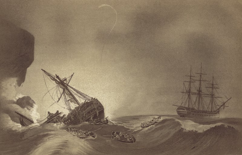 HMS Impetueux, kommandert av kaptein Thomas Byam Martin, reddet mannskapet på HMS Venerable, under kommando av kaptein J Hunter, vraket i Torbay, Devon, 24. november 1804 (litho) av English School