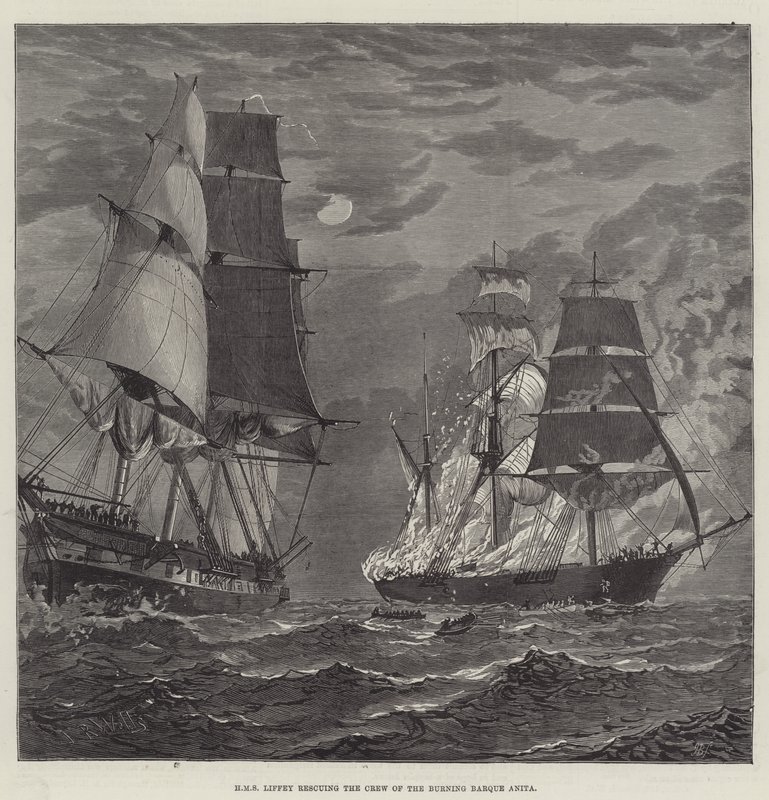 HMS Liffey redder mannskapet på den brennende barken Anita (gravering) av English School