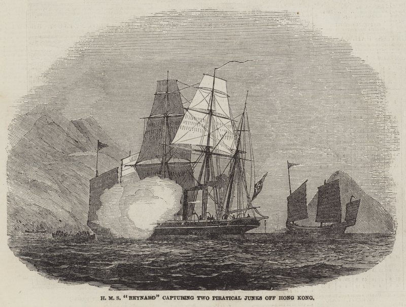 HMS "Reynard" fanger Two Piratical Junks utenfor Hong Kong (gravering) av English School
