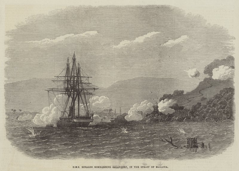 HMS Rinaldo bombarderer Salangore, i Malaccastredet (gravering) av English School