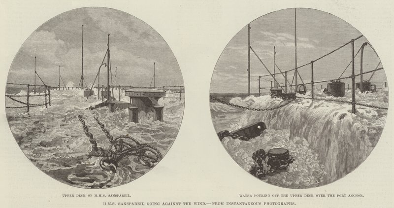 HMS Sanspareil går mot vinden (gravering) av English School
