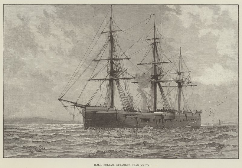 HMS Sultan, strandet nær Malta (gravering) av English School