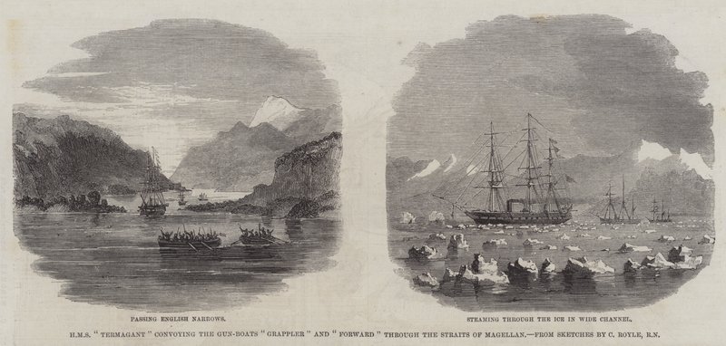 HMS "Termagant" som konvoierer Gun-Boats "Grappler" og "Forward" gjennom Magellanstredet (gravering) av English School