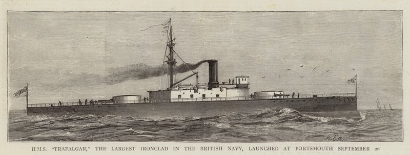 HMS "Trafalgar," den største jernbelagte i den britiske marinen, skutt opp i Portsmouth 20. september (gravering) av English School
