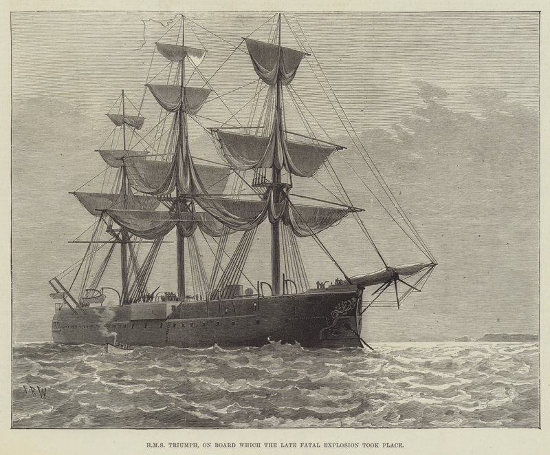 HMS Triumph, om bord som den sene fatale eksplosjonen fant sted (gravering) av English School