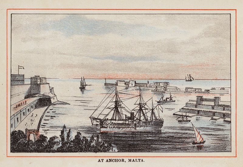 HM indisk troppeskip: For anker, Malta (farget gravering) av English School