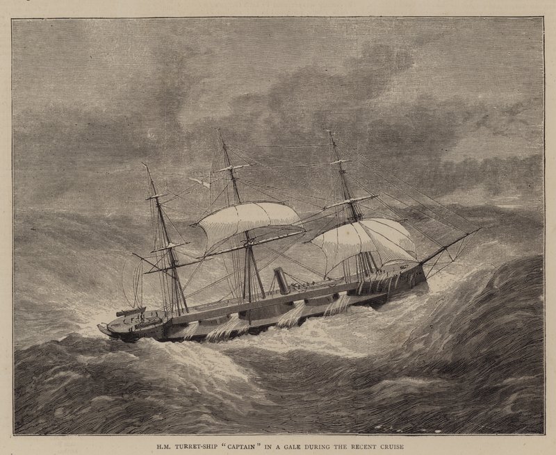 HM Turret-Ship "Captain" in a Gale under the Recent Cruise (gravering) av English School