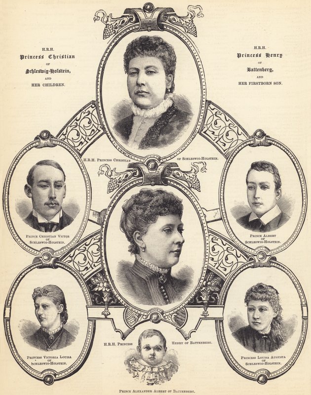 HKH Prinsesse Christian av Schleswig-Holstein og HKH Prinsesse Henry av Battenberg, og deres barn (gravering) av English School