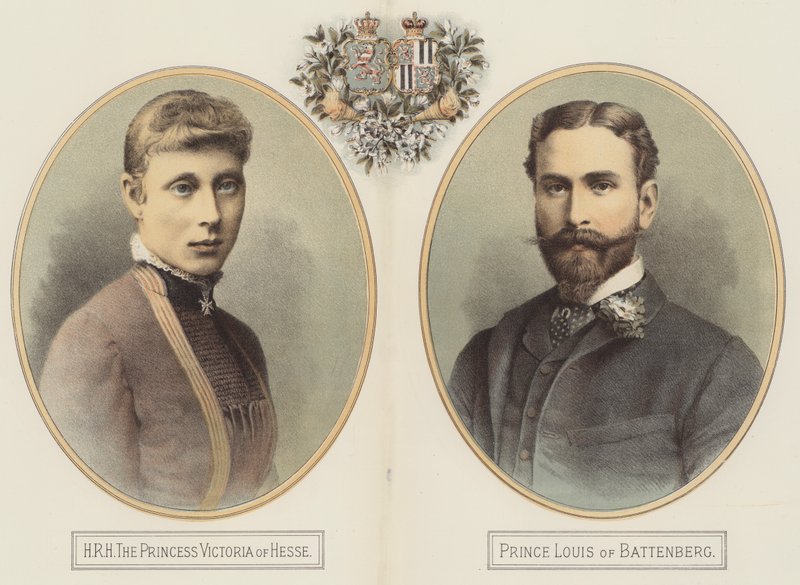 HKH prinsesse Victoria av Hessen og prins Louis av Battenberg (farge litho) av English School
