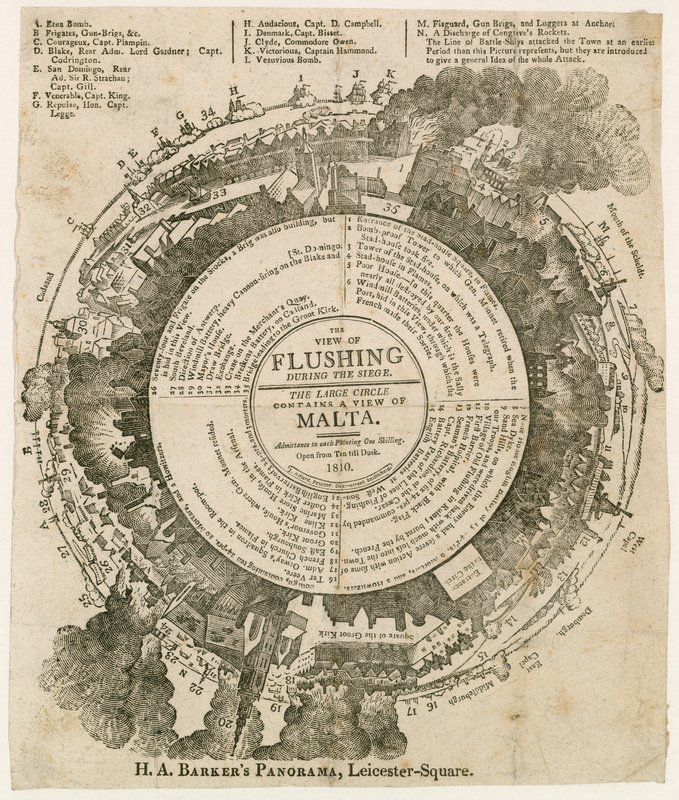 H A Barkers utsikt over Flushing under beleiringen av Malta, 1810, Panorama, Leicester Square, London av English School