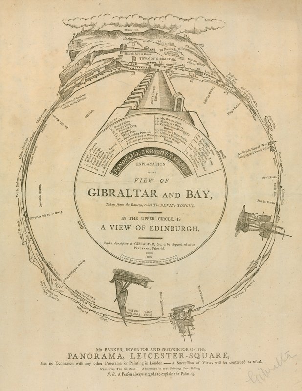H A Barkers utsikt over Gibraltar og Bay, Panorama, Leicester Square, London av English School