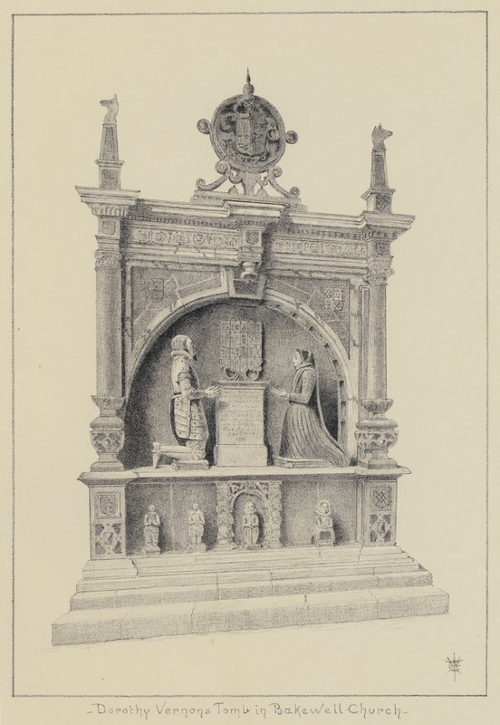 Haddon Hall, Dorothy Vernons grav i Bakewell Church (litho) av English School