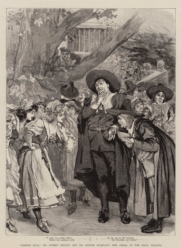"Haddon Hall," Mr Sydney Grundy og Sir Arthur Sullivans nye opera, på Savoy Theatre (gravering) av English School