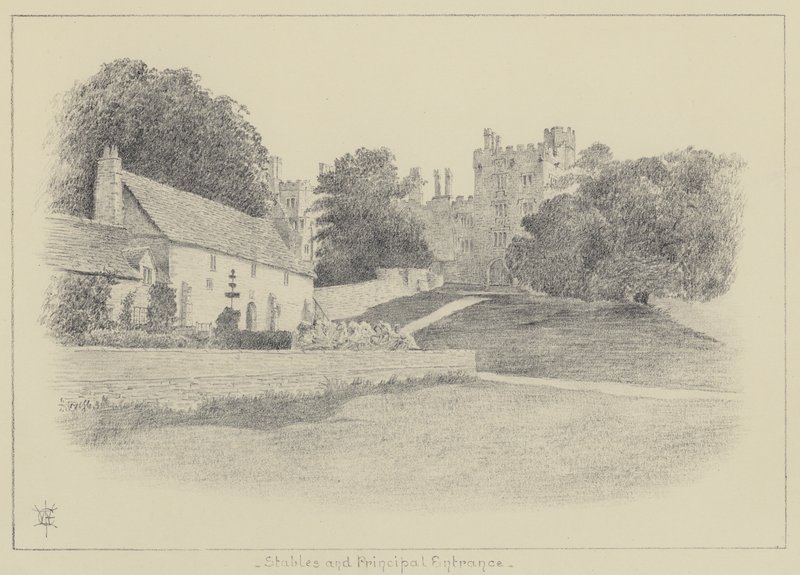 Haddon Hall, stall og hovedinngang (litho) av English School