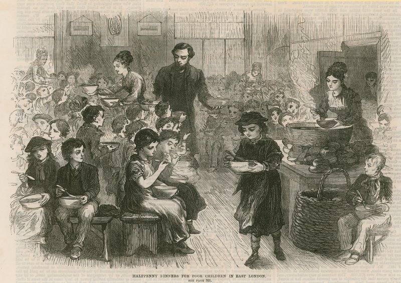 Halvpenny-middager for fattige barn i Øst-London av English School
