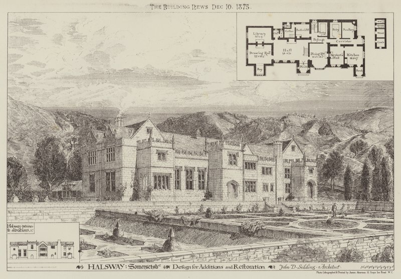 Halsway, Somersetshire, Design for tillegg og restaurering (gravering) av English School
