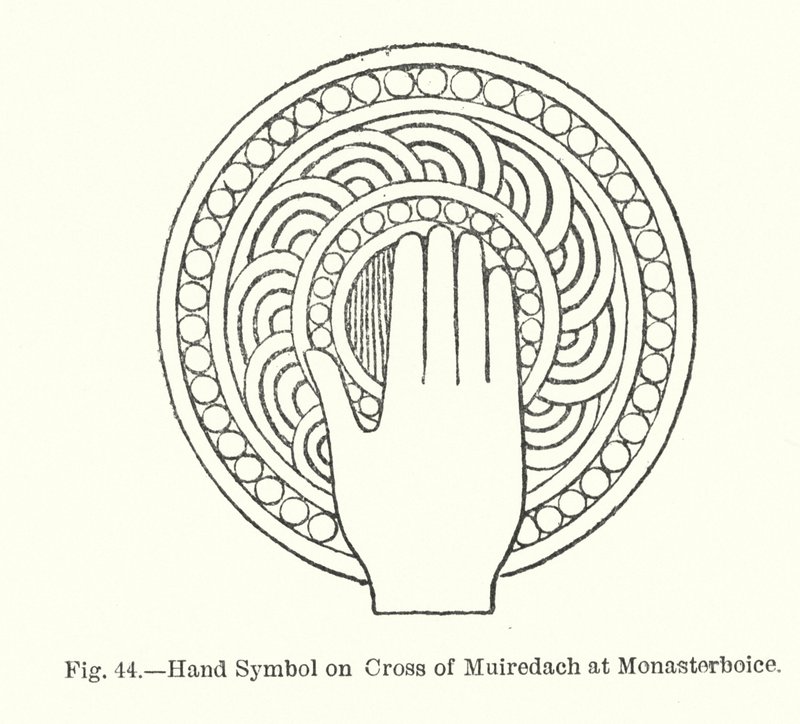 Håndsymbol på korset av Muiredach ved Monasterboice (gravering) av English School