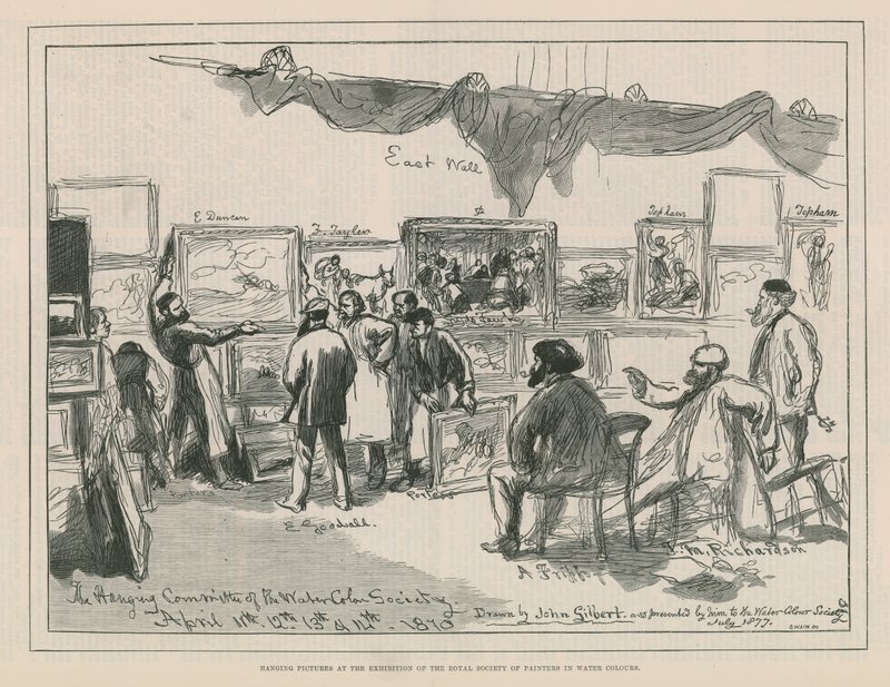Hengende bilder på utstillingen til Royal Society of Painters in Water Colors av English School