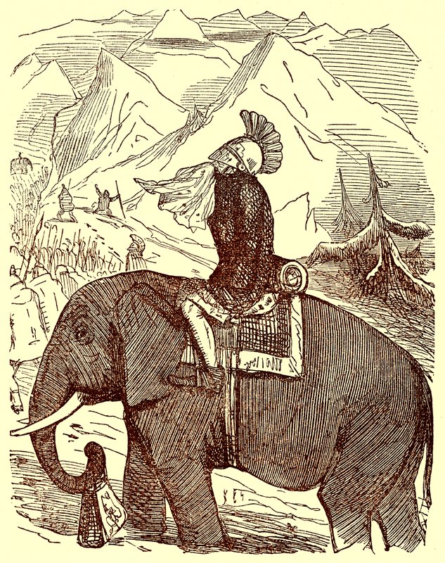 Hannibal Crossing the Alps, illustrasjon fra The Comic History of Rome av Gilbert Abbott a Beckett, publisert ca. 1850 (digitalt forbedret bilde) av English School