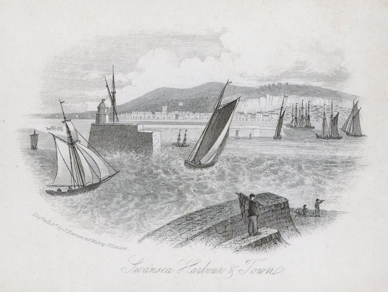 Havn og by, Swansea, Wales (gravering) av English School