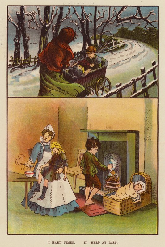 Harde tider; Hjelp til slutt (farge litho) av English School
