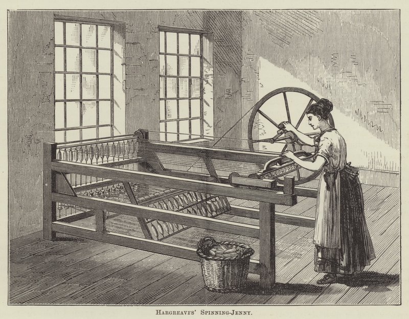 Hargreaves#39; Spinning-Jenny (gravering) av English School