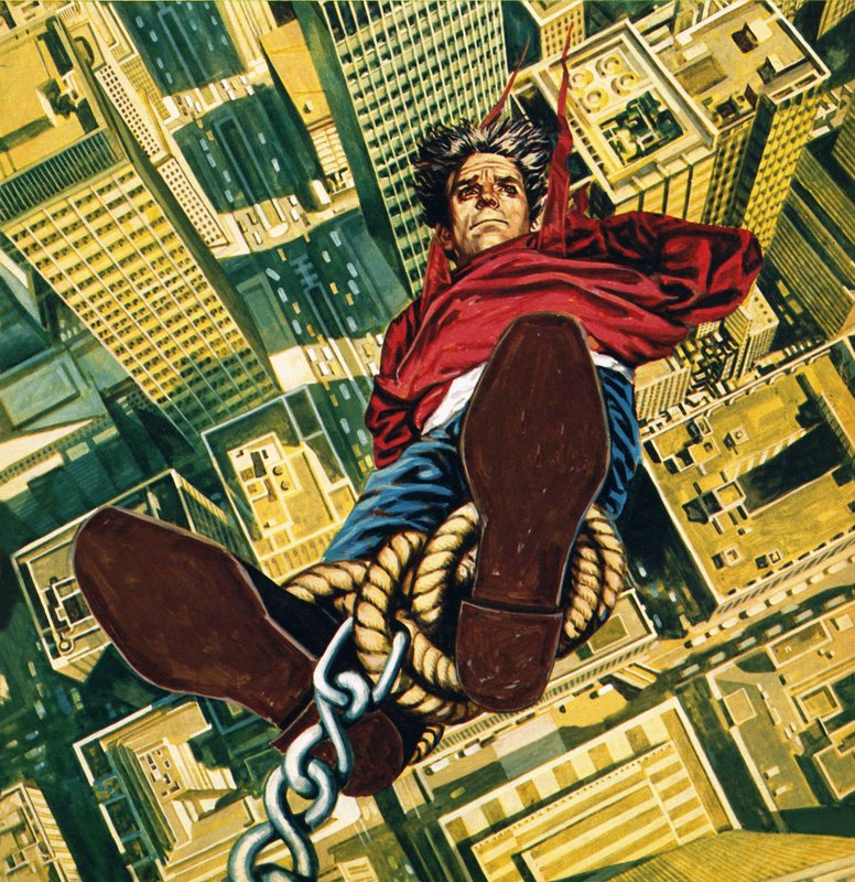 Harry Houdini hengt opp fra toppen av en skyskraper i New York av English School