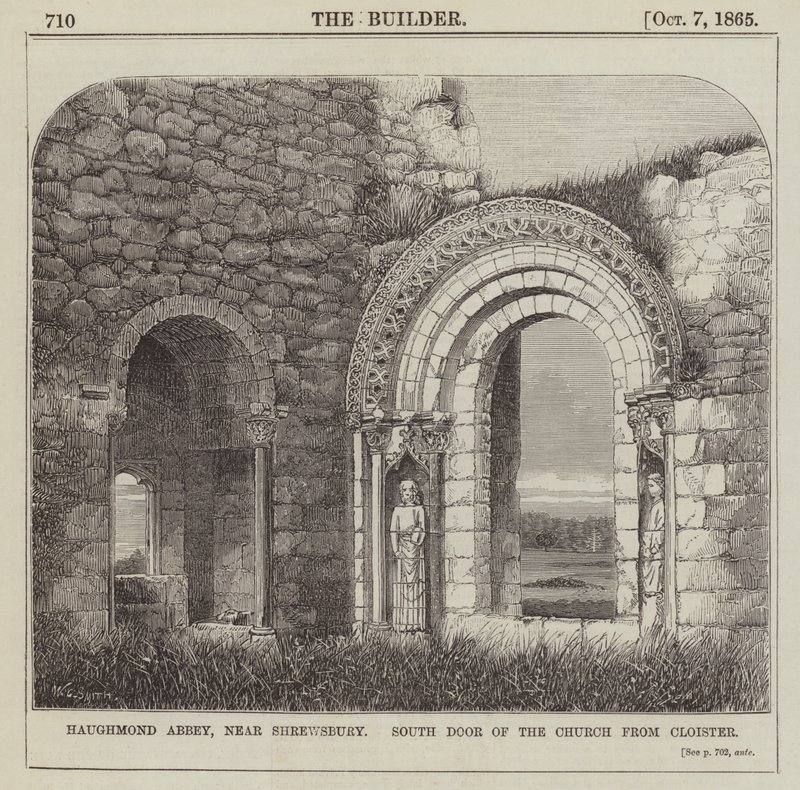 Haughmond Abbey, nær Shrewsbury, South Door of the Church fra Cloister (gravering) av English School