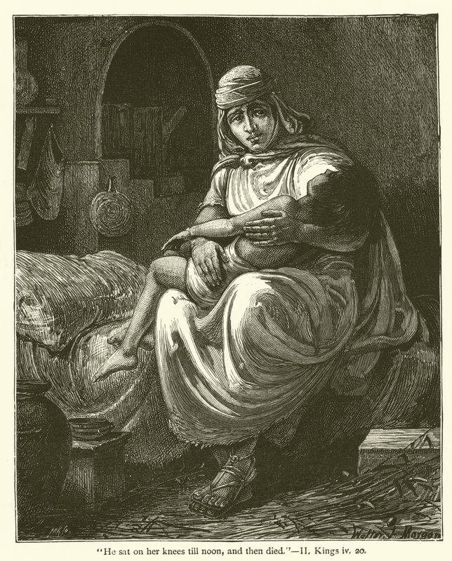 "Han satt på knærne hennes til middag, og døde så", II, Kongebok, iv, 20 (gravering) av English School