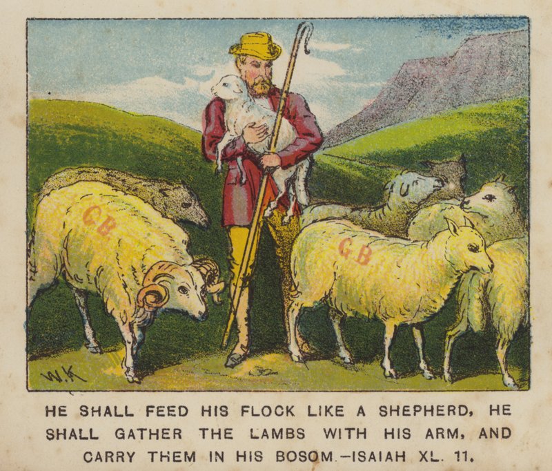 Han skal fø sin hjord som en hyrde, han skal samle lammene med sin arm og bære dem … (farge litho) av English School