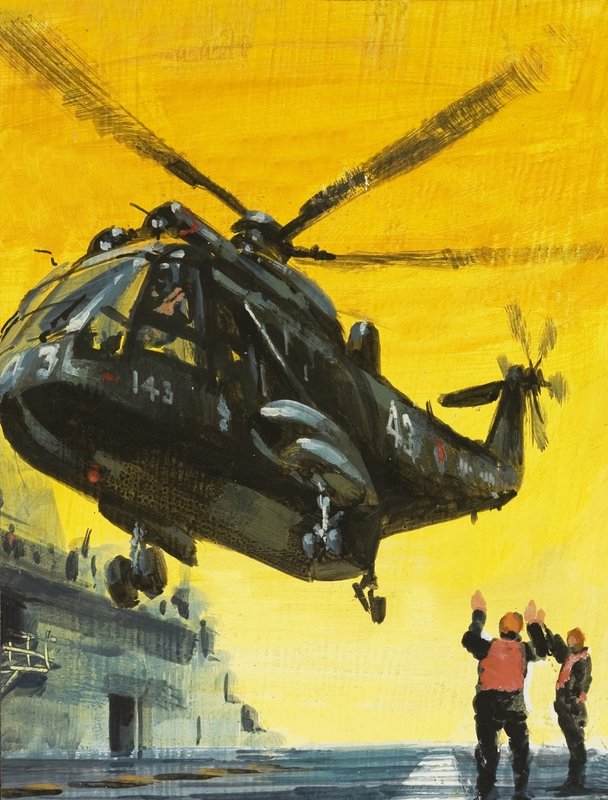 Helikopter lander på hangarskip av English School