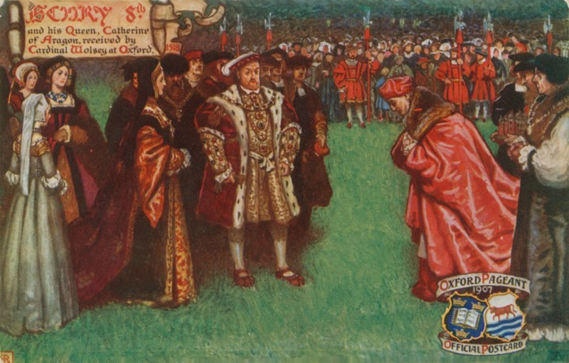 Henry 8th og hans dronning, Catherine of Aragon, mottatt av kardinal Wolsey i Oxford, 1518 av English School